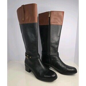 Bandolini Black Leather Riding Boots Zip Closure Brown Leather Accents Sz 7 M